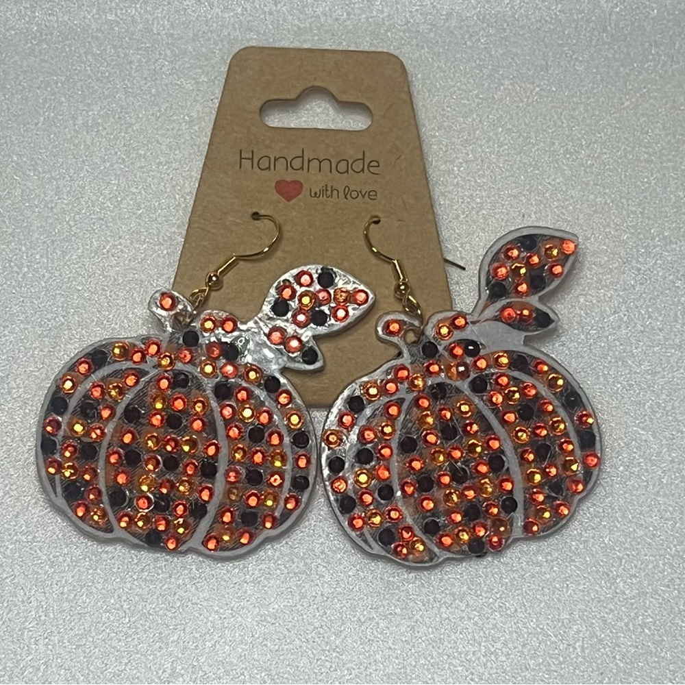 Handmade Pumpkin Earrings with Orange and Black Rhinestones